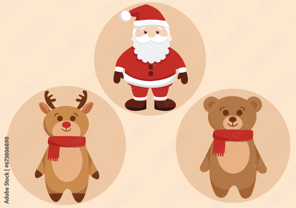 Set of Christmas characters, santa, deer, bear, cartoon characters, vector illustration