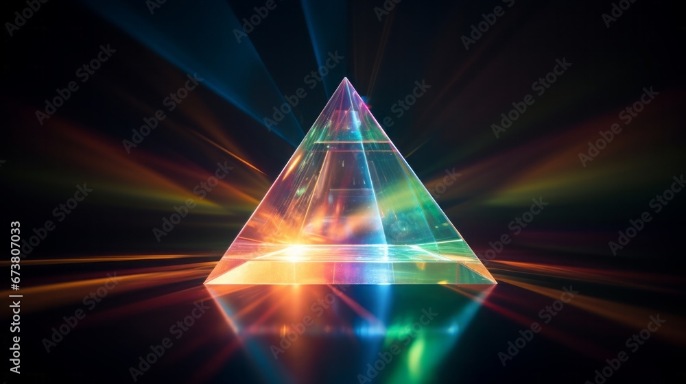 big glass traingle prism with a light beam coming from left and colorful light - obrazy, fototapety, plakaty 