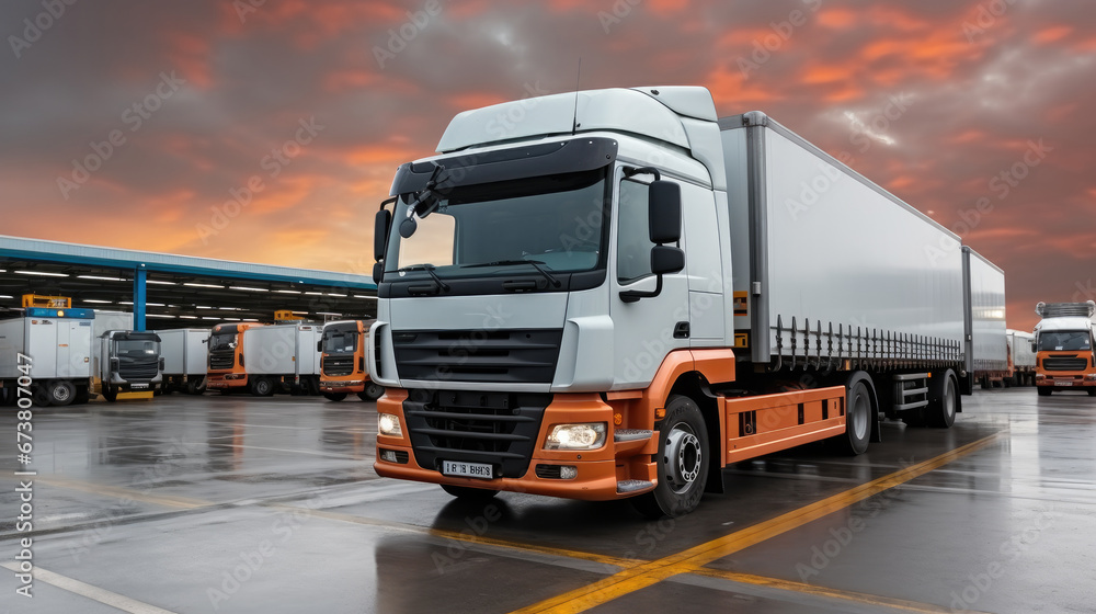 Trucks parked in a distribution warehouse ready to deliver cargo, Truck in warehouse, Cargo Transport.