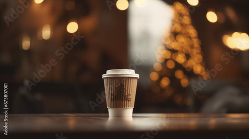 Takeaway hot coffee cup on wooden table with blurred bokeh christmas tree light background.