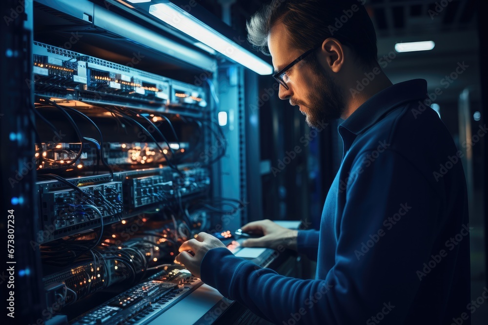 IT Engineer checking hardware servers at modern data centre. IT Engineer checking hardware servers at modern data centre.
