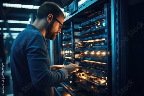 IT Engineer checking hardware servers at modern data centre.