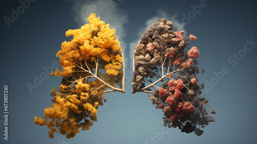 creative image of the lungs. one half with flowers and leaves, and the other black and with tobacco. concept of getting rid of bad habits world no tobacco day. no smoking photo