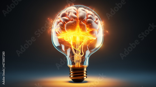  human brain - plug and glowing light bulb . creative concept brainstorm. business idea creation, copy space 