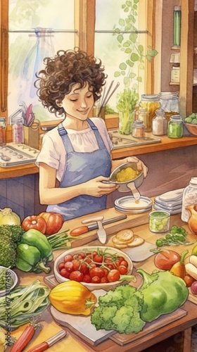 Drawing of a woman preparing a salad in the kitchen  healthy food concept.