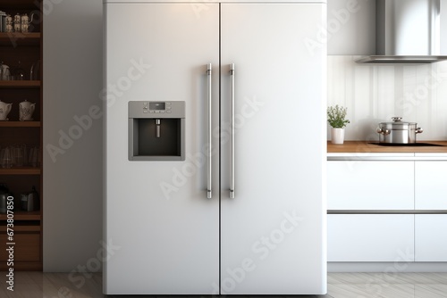 Large white refrigerator two doors at kitchen.