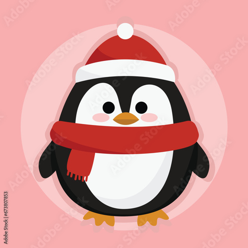 Cute penguin with red scarf and hat, New Year illustration of cute penguin, vector illustration