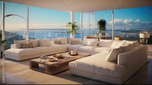 Living room in penthouse, Open living room concept, With modern comfortable furniture and ocean view. photo