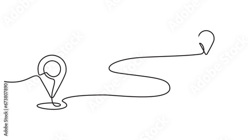 Continuous line animation of a Google map view of an urban area. route direction and location. Simple pin between two points in thin Linear style. Gps navigation and Travel concept.