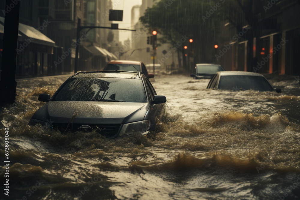 the consequences of heavy rains,flooded streets with cars