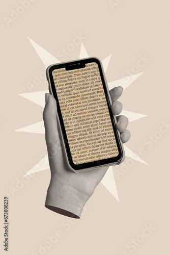 Creative template graphics collage image of arm reading ebook apple samsung iphone modern gadget isolated grey beige color background photo