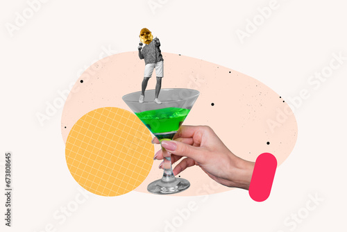 Poster collage of funny man in summer clothing wear monkey gorilla mask hold tequila glass at party isolated on beige color background