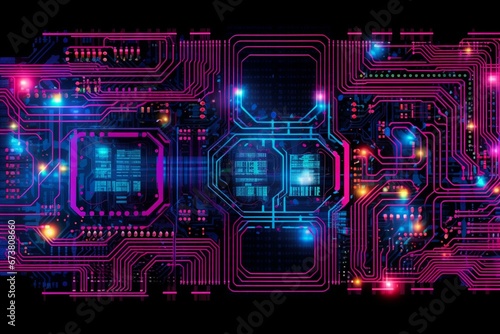A colorful computer circuit board on a black background with neon lights, a blue and pink pattern, and a white and blue line at the bottom. Generative AI