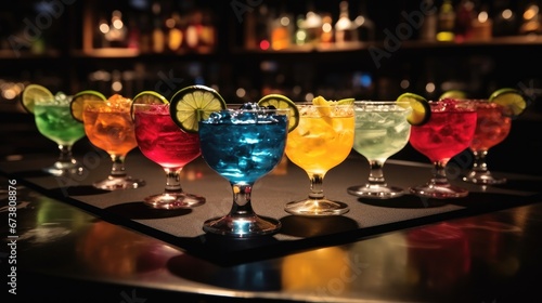 Array of cocktails each with its distinct hue on bar counter.