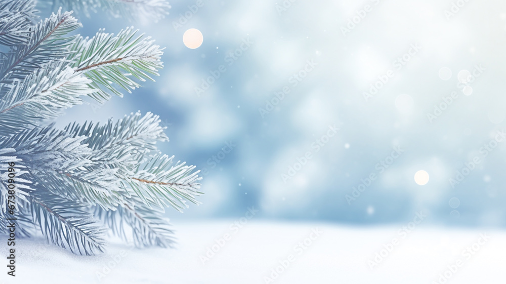 Beautiful winter background image of frosted spruce branches and small drifts of pure snow with bokeh, copy space.