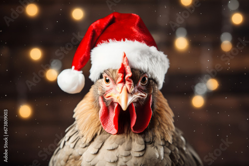 A festive christmas chicken wearing a father christmas santa hat