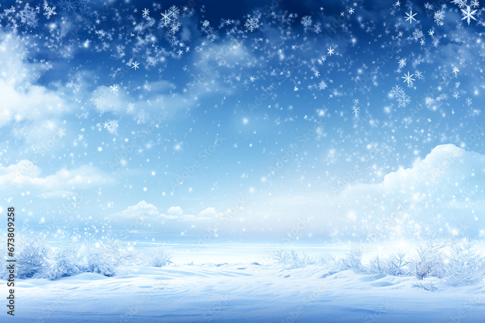 Fototapeta premium Winter snow background with snowdrifts, with beautiful light and snow flakes on the blue sky, beautiful bokeh circles, copy space. 