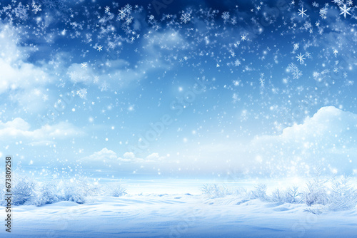 Winter snow background with snowdrifts, with beautiful light and snow flakes on the blue sky, beautiful bokeh circles, copy space. 