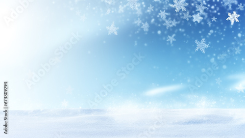 Winter snow background with snowdrifts, with beautiful light and snow flakes on the blue sky in the evening, copy space.  © BlazingDesigns