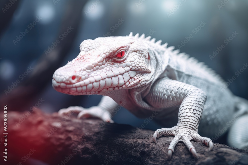 Portrait of albino alligator with red eyes and white skin on a dark background. Close up.