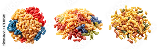 set of three piles of colorful pasta fusilli isolated on a transparent background