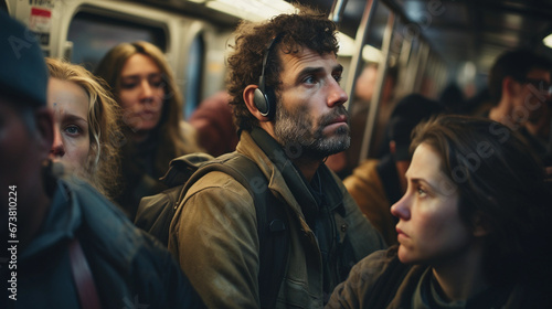 A large crowd of commuters in motion, vibrant new york subway scene 