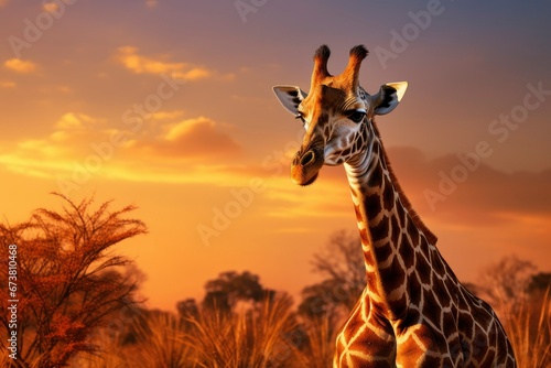 Closeup portrait giraffe on blue sky background looking down
