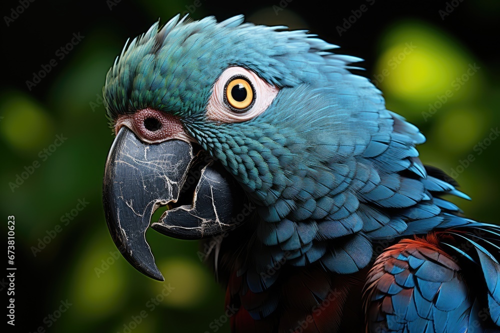 Fototapeta premium A Colorful Encounter: Close-Up of a Vibrant Parrot with Lush Green Background