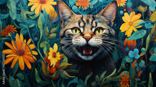 Happy smiling cat on floral background, illustrated.