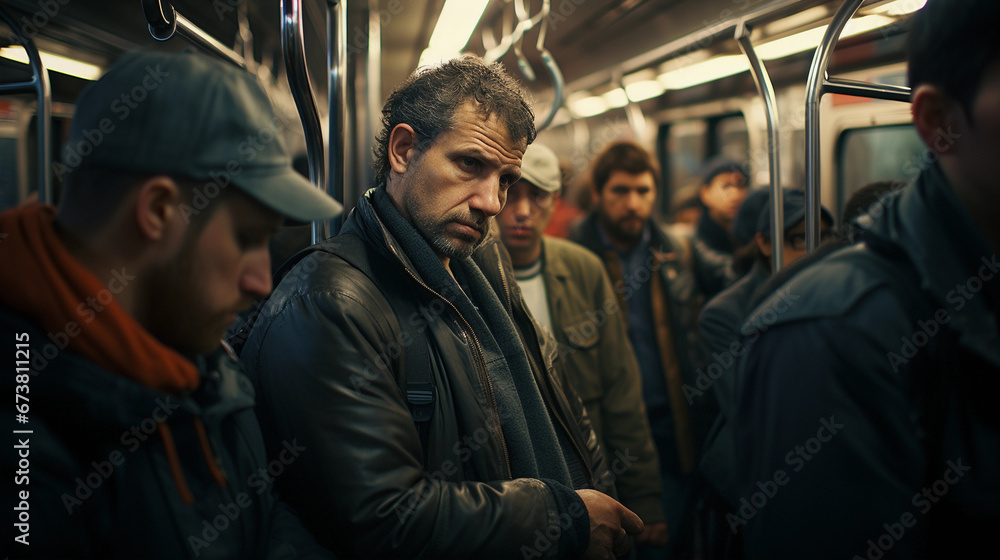 A large crowd of commuters in motion, vibrant new york subway scene 