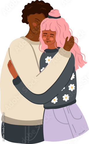 Romantic Hetero Couple. Hugging people in love. Diversity. Trendy flat Vector.