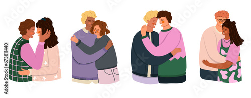 Romantic Couples. Hugging people in love. Diversity. Trendy flat Vector.