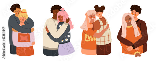 Romantic Couples. Hugging people in love. Diversity. Trendy flat Vector.