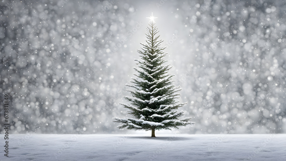 Christmas tree in winter with heavy snow fall, xmas background, copy space