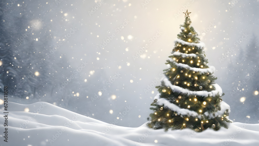 Christmas tree with winter snow, xmas background, copy space