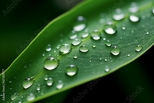 Close-up of leaf with dew droplets, blurry background. Generative AI