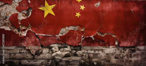 The concept of the Chinese economic crisis and recession tied to the real estate market crisis, with the China flag on a crumbling wall.