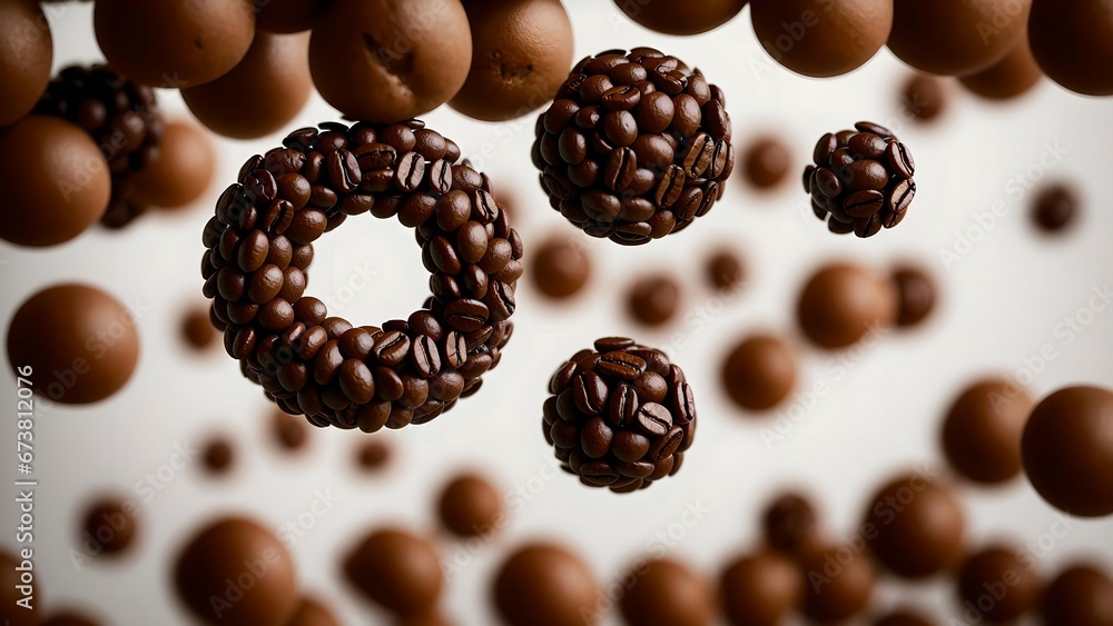 Coffee beans and chocolate spheres hover in a whimsical pattern against a brown backdrop, illustrating the raw and natural beauty of these popular ingredients, crafted for food bloggers, menus Coffee beans and chocolate spheres hover in a whimsical pattern against a brown backdrop, illustrating the raw and natural beauty of these popular ingredients, crafted for food bloggers, menus