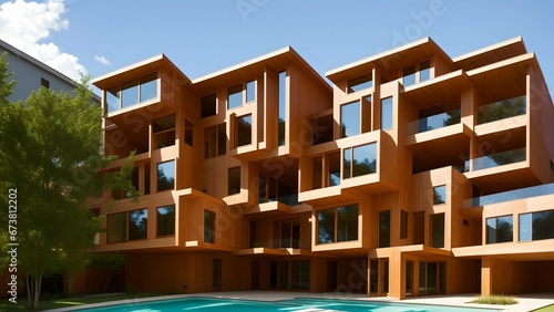 Sophisticated urban apartments with a contemporary wooden facade, featuring a unique cubic design and glass balconies against clear skies. Offers tranquil city living with a serene outdoor pool