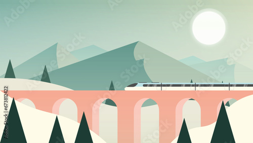 Vector Flat Train Bridge at Snowy Mountain Illustration