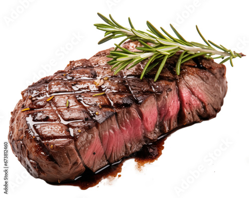Close up of a red sliced juicy venison steak with riffles isolated on transparent background