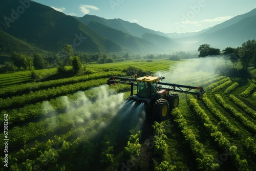 A Tractor Spraying Pesticide on a Lush Green Field photo