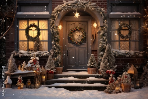 Festive House Exterior: The front view of a residence adorned with New Year's decorations, including ornaments, garlands