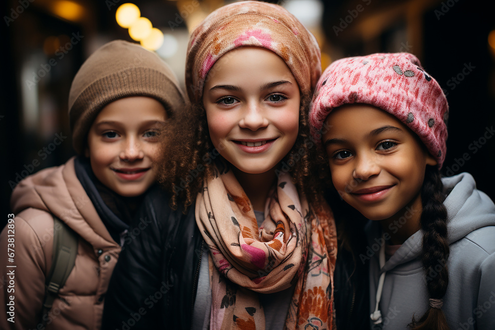selfie of girls of different ethnicities in support of those suffering from cancer, wearing pink headscarves, international day against cancer. selfie of girls of different ethnicities in support of those suffering from cancer, wearing pink headscarves, international day against cancer.
