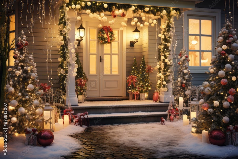 A house adorned with lights and New Year's decorations