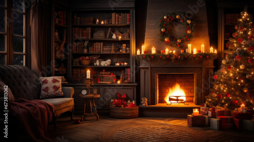 Cozy fireplace at home with Christmas tree and presents. © Joel/Peopleimages - AI