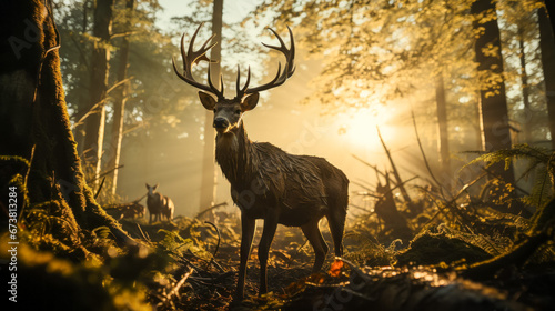 Deer in the forest at sunrise. Beautiful nature scene with stag