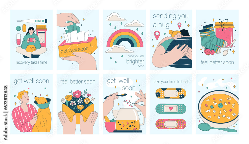 Get well soon card set. Positive and motivational poster with greeting quote. Medicine postcard with feel better lettering. Recovery affirmation and wishes. Flat vector Illustration - obrazy, fototapety, plakaty 
