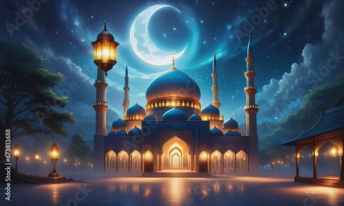A night scene with a mosque and a lantern with the lights lit up.