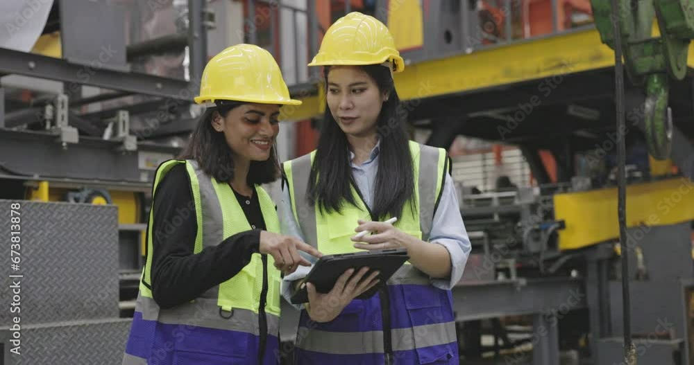 Two Asian female engineers are standing and discussing work in a factory. Meeting to express opinions in a construction factory. Wearing a hard hat in the workplace for safety. Concept of teamwork Two Asian female engineers are standing and discussing work in a factory. Meeting to express opinions in a construction factory. Wearing a hard hat in the workplace for safety. Concept of teamwork